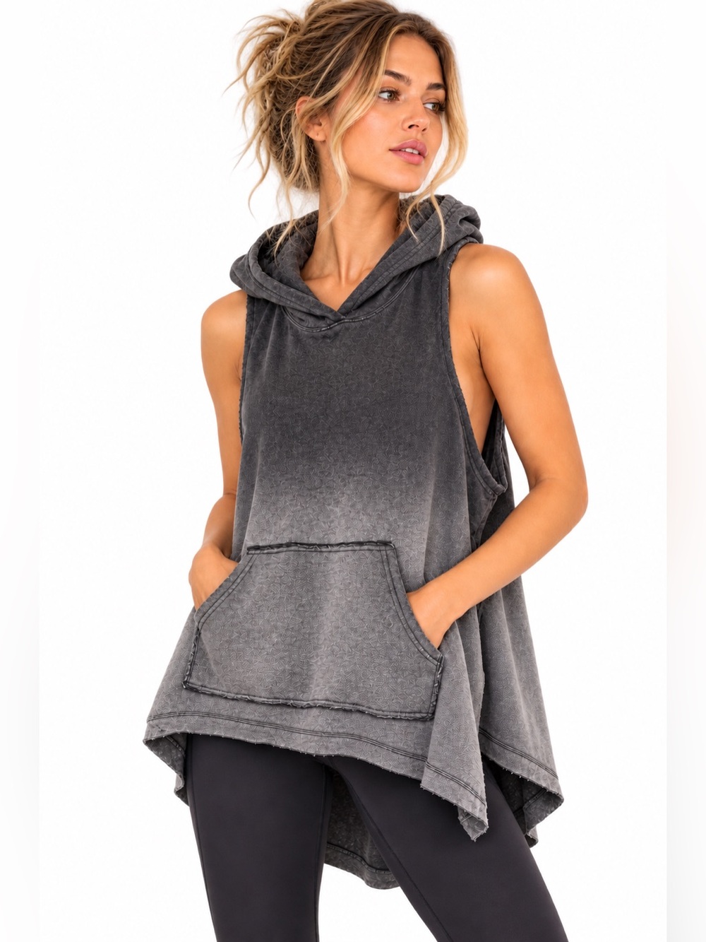 Free People Gray Ombre Sleeveless Hoodie Tunic Raw Hem Kangaroo Pocket Boho